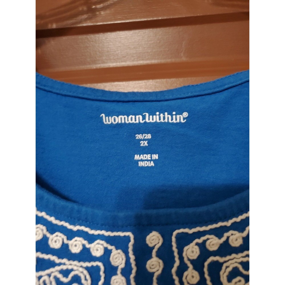 Woman Within Top Women Plus Size 2XL 26/28 Blue Embroidery Tunic - Picture 4 of 5